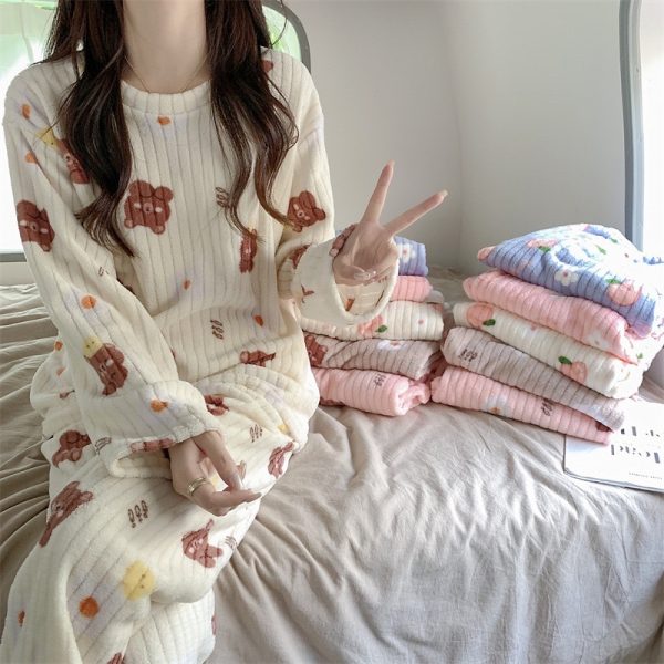 Fruit Pattern Fur Pajamas Set, FreeSize Thermal Cotton Fleece Set for Super Warm Home Wear - White Bear