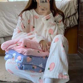 Fruit Pattern Fur Pajamas Set, FreeSize Thermal Cotton Fleece Set for Super Warm Home Wear - White Peach - Image 4