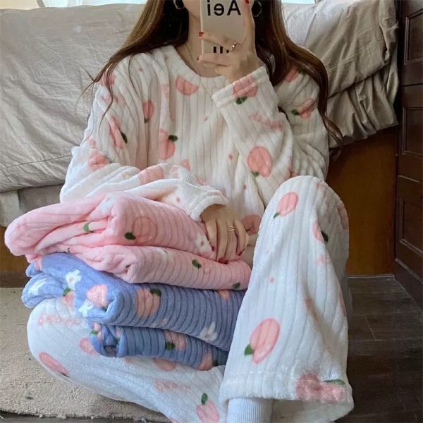 Fruit Pattern Fur Pajamas Set, FreeSize Thermal Cotton Fleece Set for Super Warm Home Wear - White Peach