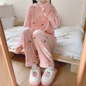 Fruit Pattern Fur Pajamas Set, FreeSize Thermal Cotton Fleece Set for Super Warm Home Wear - Pink Peach - Image 1