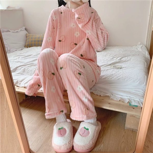 Fruit Pattern Fur Pajamas Set, FreeSize Thermal Cotton Fleece Set for Super Warm Home Wear - Pink Peach