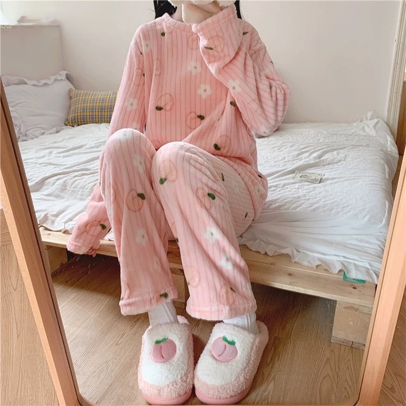 Fruit Pattern Fur Pajamas Set, FreeSize Thermal Cotton Fleece Set for Super Warm Home Wear - Pink Peach - Image 1