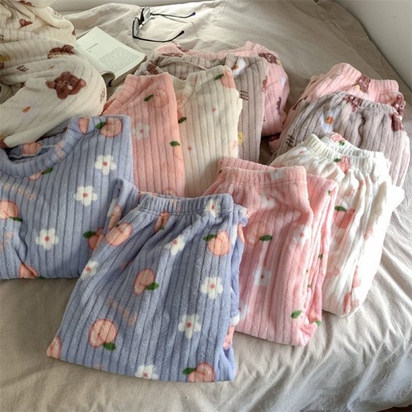Fruit Pattern Fur Pajamas Set, FreeSize Thermal Cotton Fleece Set for Super Warm Home Wear - Pink Peach