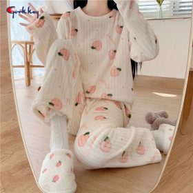 Fruit Pattern Fur Pajamas Set, FreeSize Thermal Cotton Fleece Set for Super Warm Home Wear - White Peach - Image 3