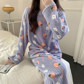Fruit Pattern Fur Pajamas Set, FreeSize Thermal Cotton Fleece Set for Super Warm Home Wear - Peach Green - Image 1