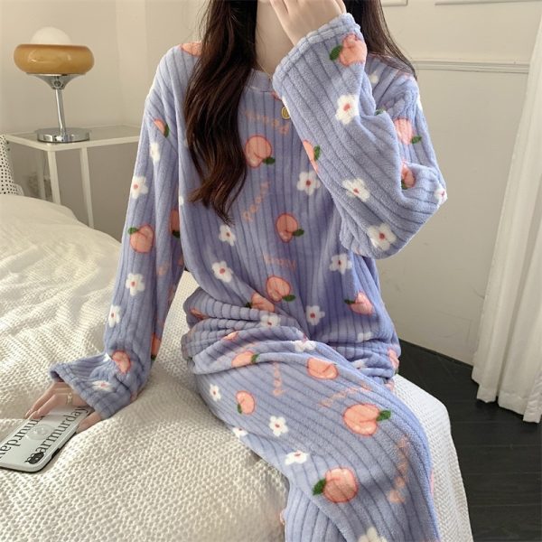Fruit Pattern Fur Pajamas Set, FreeSize Thermal Cotton Fleece Set for Super Warm Home Wear - Peach Green