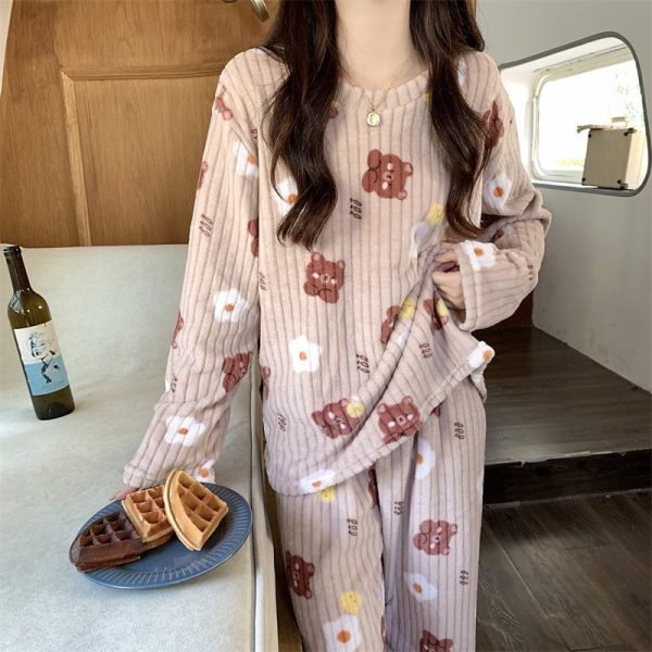 Fruit Pattern Fur Pajamas Set, FreeSize Thermal Cotton Fleece Set for Super Warm Home Wear - Bear Brown