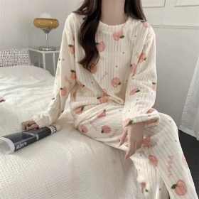 Fruit Pattern Fur Pajamas Set, FreeSize Thermal Cotton Fleece Set for Super Warm Home Wear - White Peach