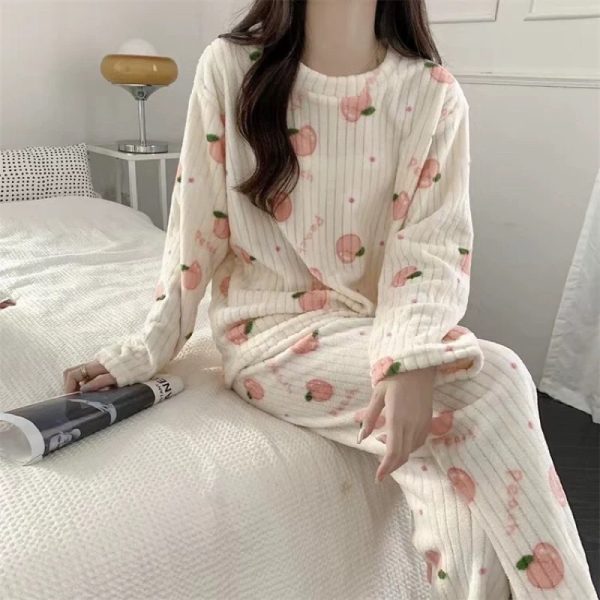 Fruit Pattern Fur Pajamas Set, FreeSize Thermal Cotton Fleece Set for Super Warm Home Wear - White Peach