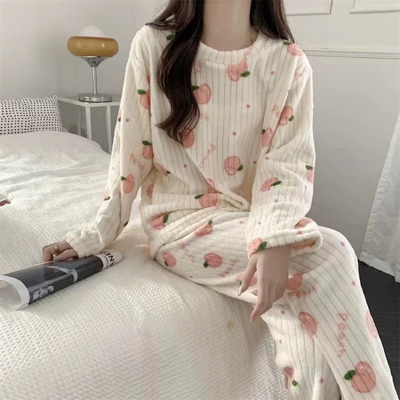 Fruit Pattern Fur Pajamas Set, FreeSize Thermal Cotton Fleece Set for Super Warm Home Wear - White Peach - Image 1