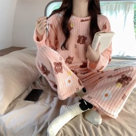 Fruit Pattern Fur Pajamas Set, FreeSize Thermal Cotton Fleece Set for Super Warm Home Wear - Bear Pink