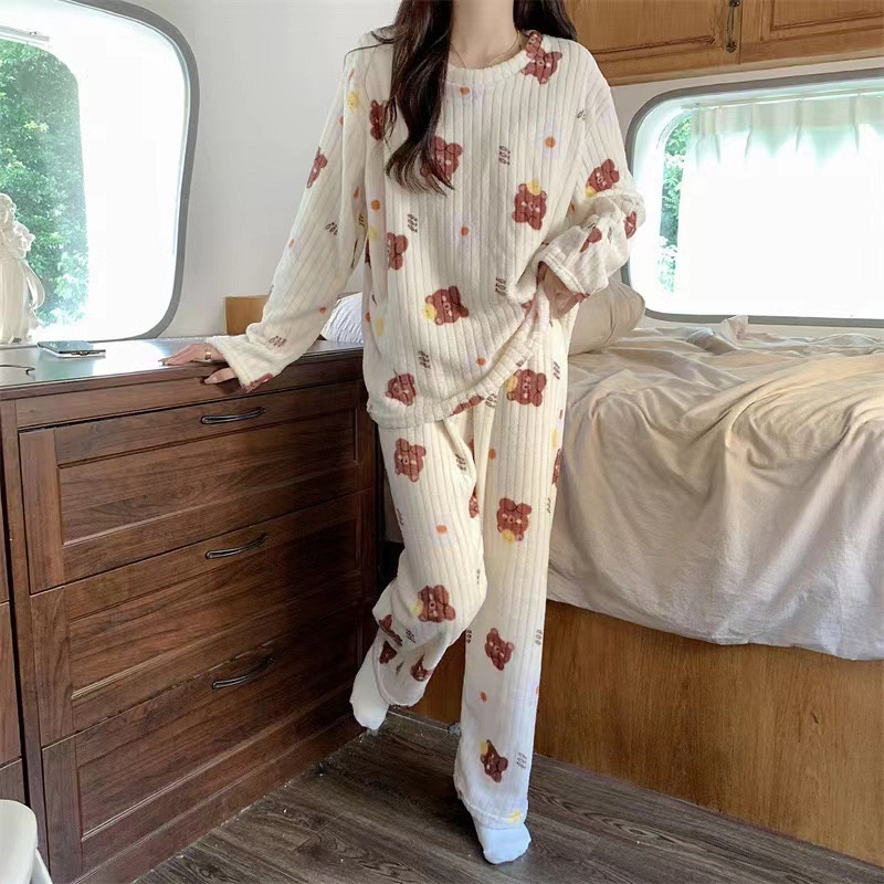 Fruit Pattern Fur Pajamas Set, FreeSize Thermal Cotton Fleece Set for Super Warm Home Wear - White Bear - Image 1