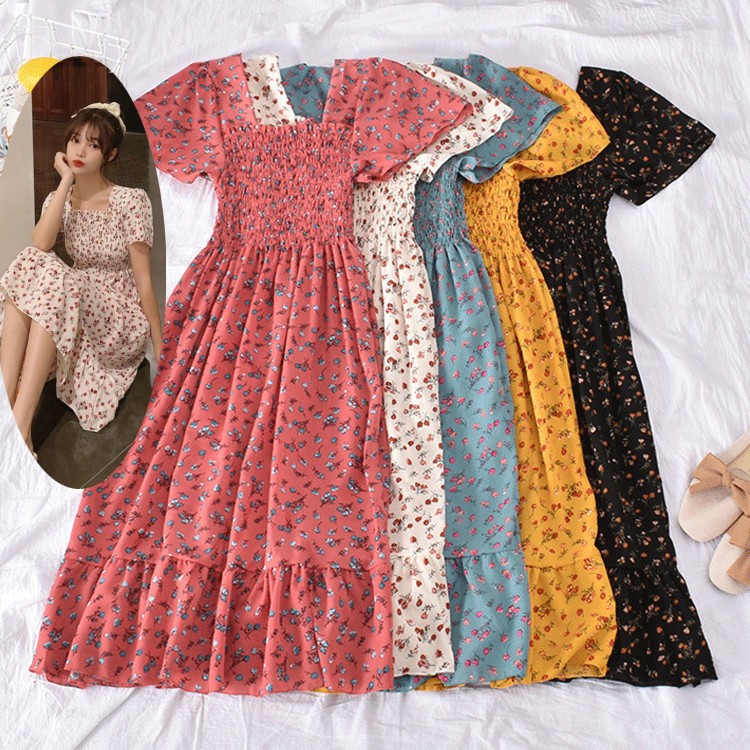 Korean Style Floral Printed Long Dress for Women Summer Autumn Square Collar Slimming Waist Ruffled Dress Plus Size - Yellow - Image 2