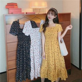 Korean Style Floral Printed Long Dress for Women Summer Autumn Square Collar Slimming Waist Ruffled Dress Plus Size - Yellow - Image 6