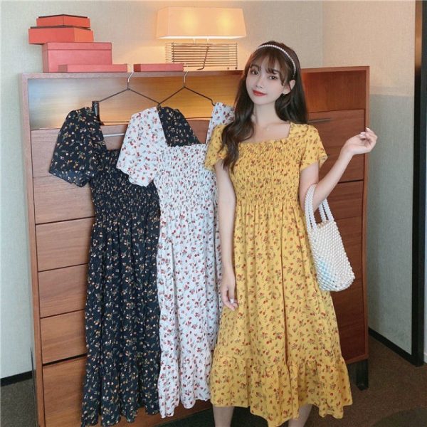 Korean Style Floral Printed Long Dress for Women Summer Autumn Square Collar Slimming Waist Ruffled Dress Plus Size - Yellow