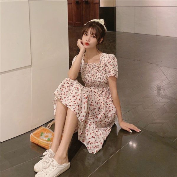 Korean Style Floral Printed Long Dress for Women Summer Autumn Square Collar Slimming Waist Ruffled Dress Plus Size - Yellow