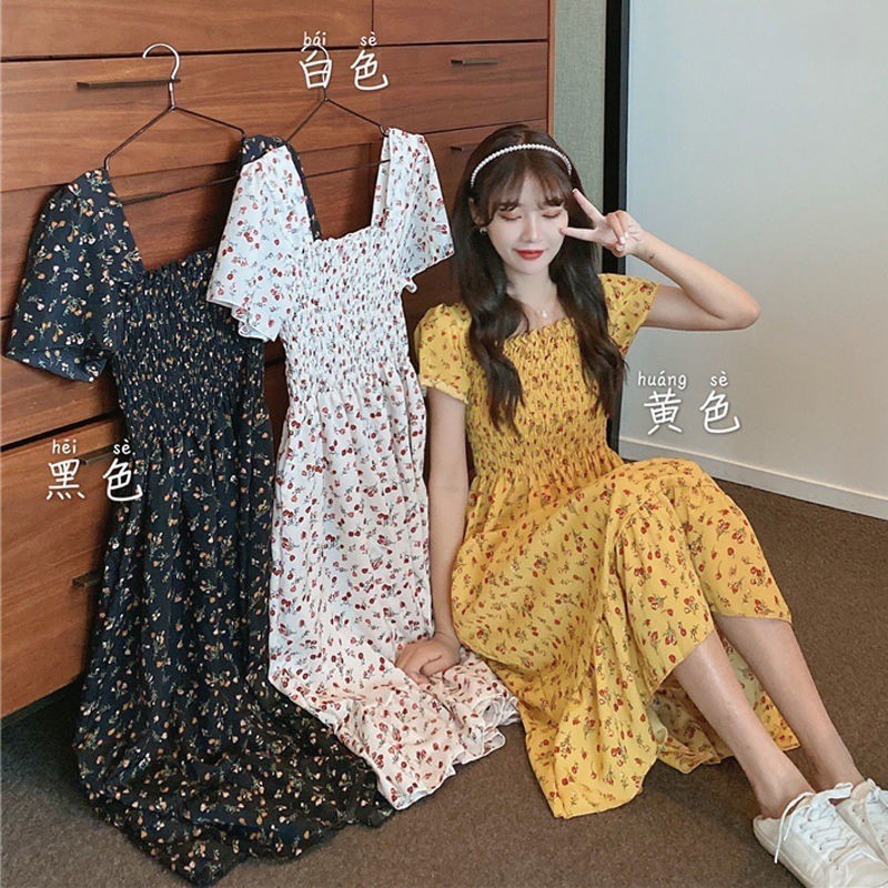 Korean Style Floral Printed Long Dress for Women Summer Autumn Square Collar Slimming Waist Ruffled Dress Plus Size - Yellow - Image 5