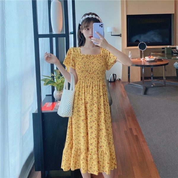 Korean Style Floral Printed Long Dress for Women Summer Autumn Square Collar Slimming Waist Ruffled Dress Plus Size - Yellow