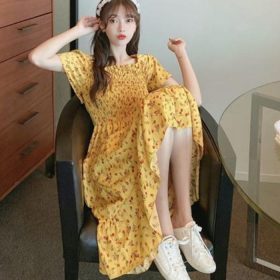 Korean Style Floral Printed Long Dress for Women Summer Autumn Square Collar Slimming Waist Ruffled Dress Plus Size - Yellow - Image 8
