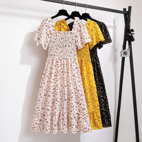 Korean Style Floral Printed Long Dress for Women Summer Autumn Square Collar Slimming Waist Ruffled Dress Plus Size - Yellow