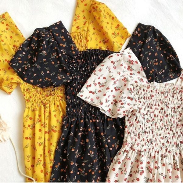 Korean Style Floral Printed Long Dress for Women Summer Autumn Square Collar Slimming Waist Ruffled Dress Plus Size - Yellow