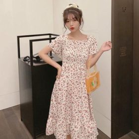 Korean Style Floral Printed Long Dress for Women Summer Autumn Square Collar Slimming Waist Ruffled Dress Plus Size - Yellow - Image 9