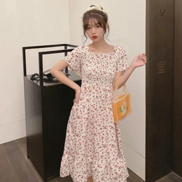 Korean Style Floral Printed Long Dress for Women Summer Autumn Square Collar Slimming Waist Ruffled Dress Plus Size - Yellow