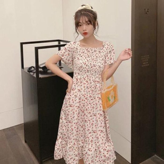 Korean Style Floral Printed Long Dress for Women Summer Autumn Square Collar Slimming Waist Ruffled Dress Plus Size - Yellow - Image 9