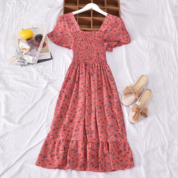 Korean Style Floral Printed Long Dress for Women Summer Autumn Square Collar Slimming Waist Ruffled Dress Plus Size - Red
