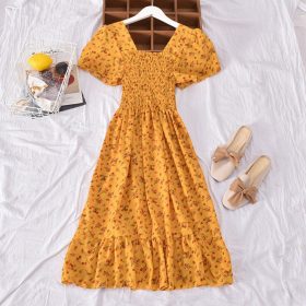 Korean Style Floral Printed Long Dress for Women Summer Autumn Square Collar Slimming Waist Ruffled Dress Plus Size - Yellow - Image 1