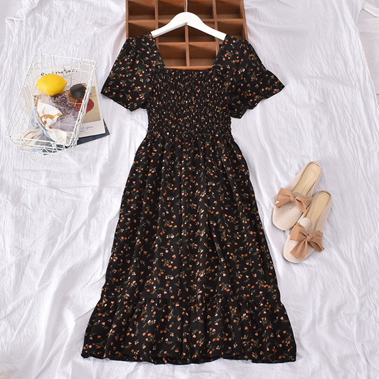 Korean Style Floral Printed Long Dress for Women Summer Autumn Square Collar Slimming Waist Ruffled Dress Plus Size - Black - Image 1