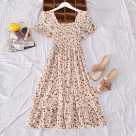 Korean Style Floral Printed Long Dress for Women Summer Autumn Square Collar Slimming Waist Ruffled Dress Plus Size - Beige