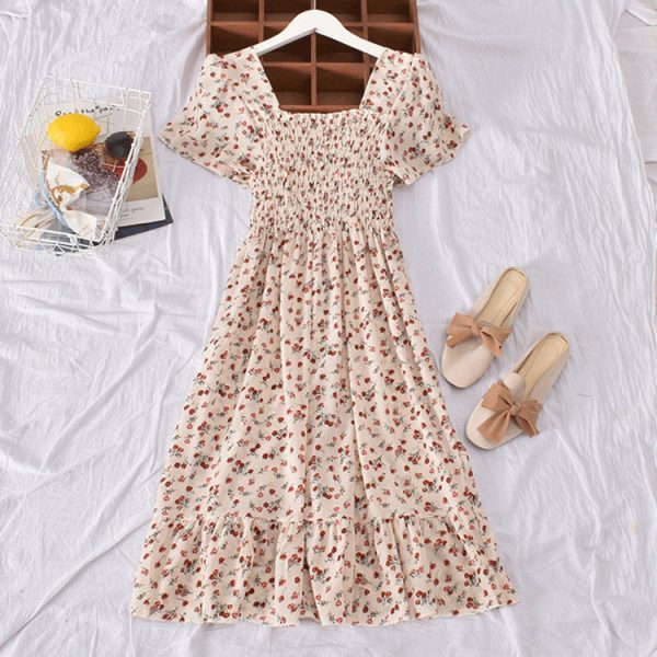 Korean Style Floral Printed Long Dress for Women Summer Autumn Square Collar Slimming Waist Ruffled Dress Plus Size - Beige