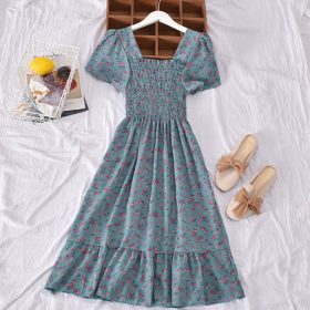 Korean Style Floral Printed Long Dress for Women Summer Autumn Square Collar Slimming Waist Ruffled Dress Plus Size - Blue - Image 1