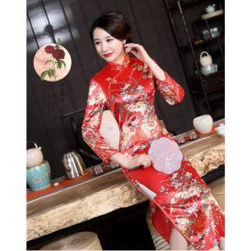 Traditional Cheongsam Dress Muslim Women Plus Size - Red - Image 3