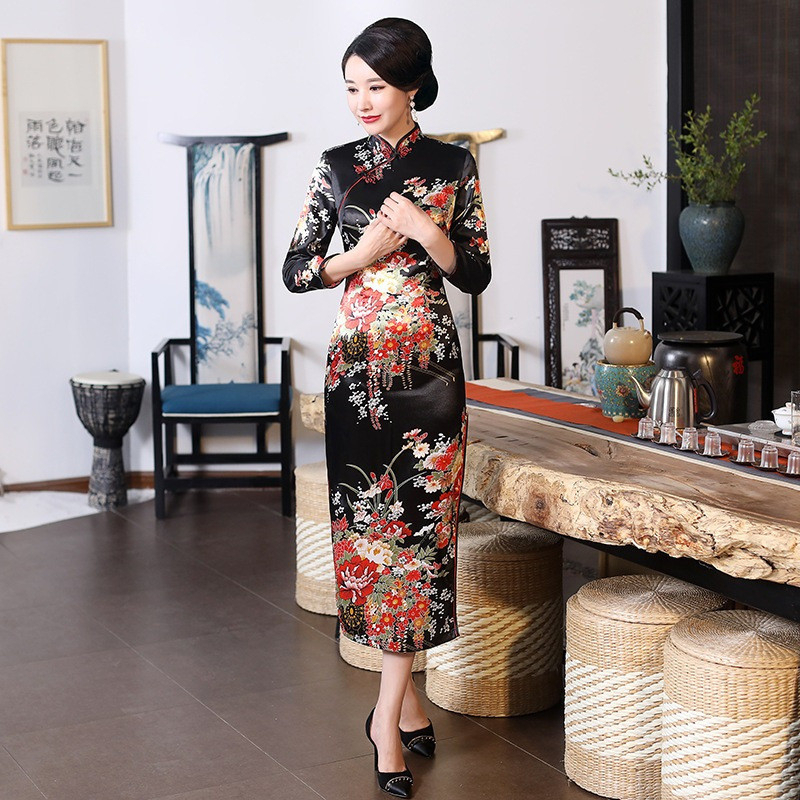 Traditional Cheongsam Dress Muslim Women Plus Size - Black - Image 1