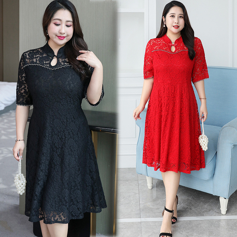 Lace Cheongsam/Qipao Dress Chinese New Year Plus Size - Black - Image 2