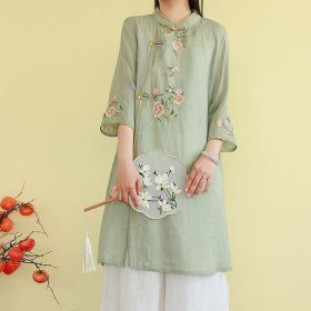 CNY Ladies Shirt Mid-Length Three-Quarter Sleeve Flower Embroidery Classy Improved Cheongsam - Light Green