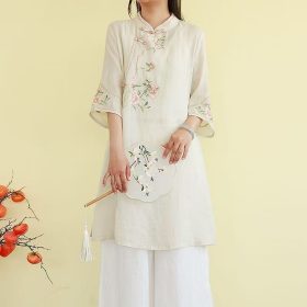 CNY Ladies Shirt Mid-Length Three-Quarter Sleeve Flower Embroidery Classy Improved Cheongsam - Apricot