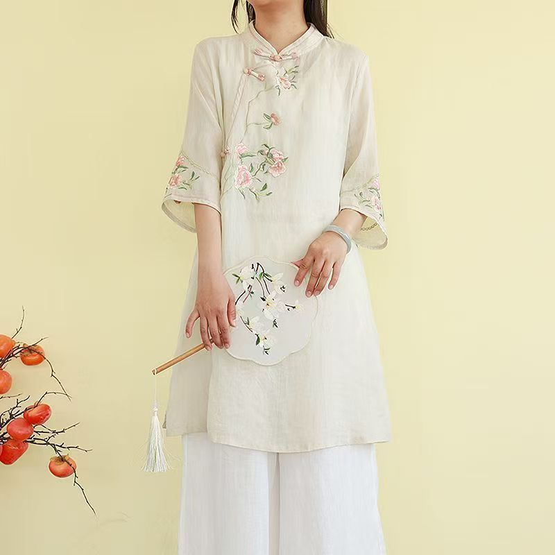 CNY Ladies Shirt Mid-Length Three-Quarter Sleeve Flower Embroidery Classy Improved Cheongsam - Apricot - Image 1