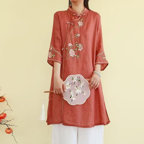 CNY Ladies Shirt Mid-Length Three-Quarter Sleeve Flower Embroidery Classy Improved Cheongsam - Orange