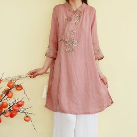 CNY Ladies Shirt Mid-Length Three-Quarter Sleeve Flower Embroidery Classy Improved Cheongsam - Pink