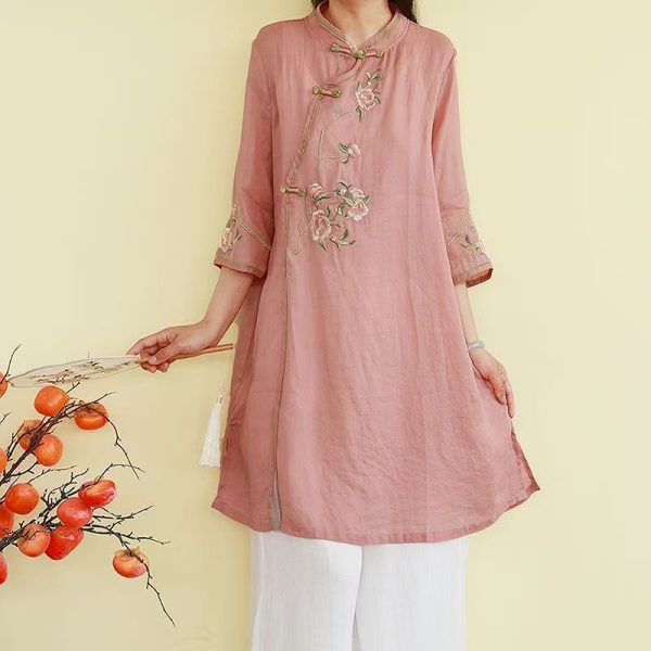 CNY Ladies Shirt Mid-Length Three-Quarter Sleeve Flower Embroidery Classy Improved Cheongsam - Pink