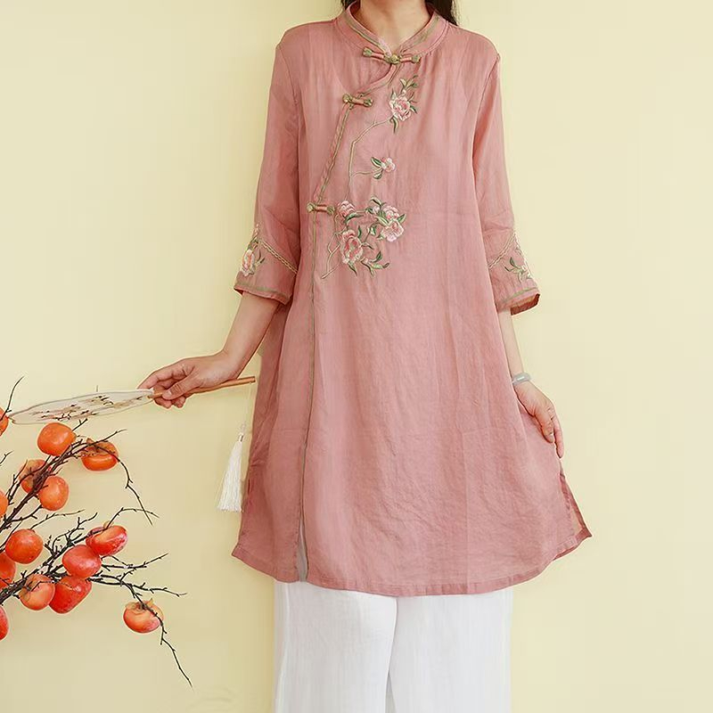 CNY Ladies Shirt Mid-Length Three-Quarter Sleeve Flower Embroidery Classy Improved Cheongsam - Pink - Image 1