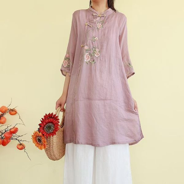 CNY Ladies Shirt Mid-Length Three-Quarter Sleeve Flower Embroidery Classy Improved Cheongsam - Lilac