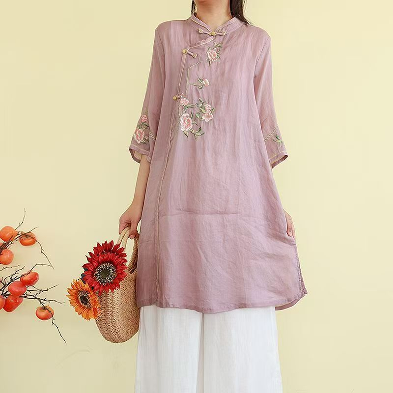 CNY Ladies Shirt Mid-Length Three-Quarter Sleeve Flower Embroidery Classy Improved Cheongsam - Lilac - Image 1