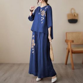 CNY Embroidery Set Women's Loose Blouse Wide-Leg Pants Tea Ceremony Suit - Navy Blue - Image 2