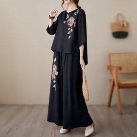 CNY Embroidery Set Women's Loose Blouse Wide-Leg Pants Tea Ceremony Suit - Black - Image 2