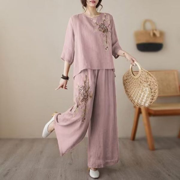 CNY Embroidery Set Women's Loose Blouse Wide-Leg Pants Tea Ceremony Suit - Pink
