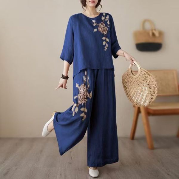 CNY Embroidery Set Women's Loose Blouse Wide-Leg Pants Tea Ceremony Suit - Navy Blue